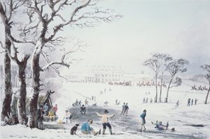 Vy över Buckingham House och St James Park på vintern, pub. av R. Havell und Sons, 1810