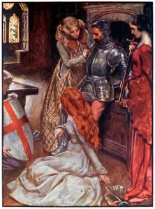Christian beväpnad från The Pilgrims Progress From This World, To That What Is To Come av John Bunyan (1628-1688) Illustration av Byam Shaw (1872-1919), Christian i vapenhuset på Palace Beautiful b av John Byam Liston Shaw