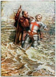 Hopeful hjälper Christian att korsa floden från The Pilgrims Progress From This World, To That What Is To Come av John Bunyan (1628-1688) Illustration av Byam Shaw (1872-1919), pilgrimerna korsar av John Byam Liston Shaw