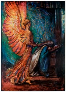 Budbäraren kommer till Christiana från The Pilgrims Progress From This World, To That What Is To Come av John Bunyan (1628-1688) Illustration av Byam Shaw (1872-1919), en ängel anländer och kallar Chri av John Byam Liston Shaw