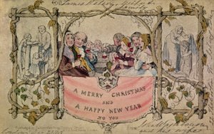Julkort, exempel på det första kända julkortet som användes, 1843 (handkolorerad akvarell på tryck) (för originalritning se 14897)