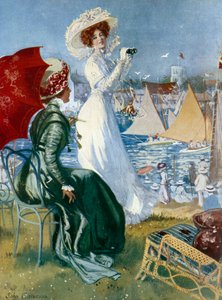 Belle epoque: "" Unga kvinnor följer regater med kikare"" Litografi av John Cameron (1900-talet) Paris, Decorative Arts