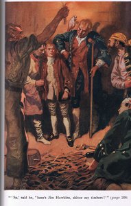 Så han sa: "Här är Jim Hawkins, shiver my timbers", illustration från "Treasure Island" av Robert Louis Stevenson.