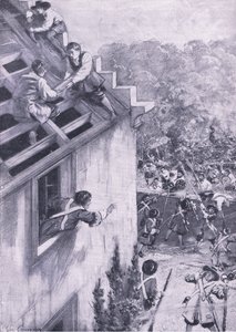 Anfallet på Dukeld, 21 augusti 1689, illustration från brittiska striderna på land och hav, 1915 av John Cameron