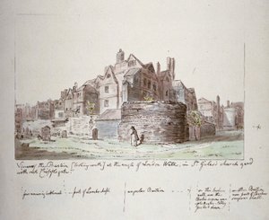 Bastion i vinkeln mot Londonmuren, St Giles utan Cripplegate kyrkogård, City of London, 1779
