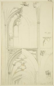 Detaljer om Clerestory Window Tracery och Vaulting of the Aisle nedan, i St Mary Redcliffe (penna och akvarell på papper)