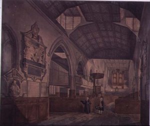 Interiör av kyrkan St. Giles, Cripplegate, mot väster, med Constance Whitneys monument.