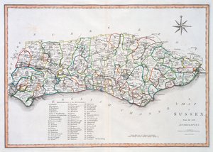 Karta över Sussex, 26 mars 1805 (handfärgad gravyr)