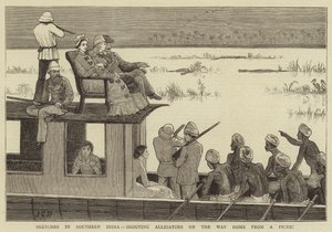 Skisser i södra Indien, skjutande Alligatorer på vägen hem från en picknick av John Charles Dollman