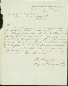 Letter signed J.C. Fremont, Major General Commanding, Head Quarters, Western Department, camp near Tipton, to Captain A.H. Foote, U.S.N. Commanding Naval Forces H.D., St. Louis, October 11, 1861 av John Charles Frémont