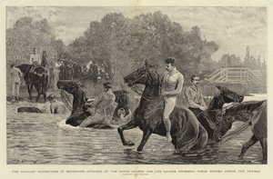 Kavalleriets manövrar i Berkshire, officerare från Horse Guards och Life Guards simmar sina hästar över Themsen
