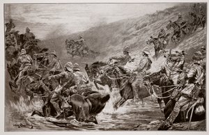 The Dash for Kimberley - The 10th Hussars Crossing Klip Drift, efter en sketch av G.D. Giles (fl.1890) av John Charlton
