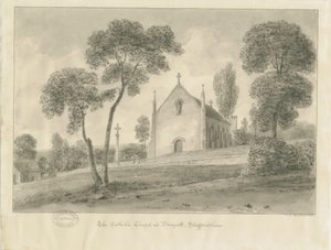 Cresswell - Draycott-in-the-Moors katolska kapellet: sepiateckning, 1841 av John Chessell Buckler