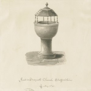 Typsnitt i Draycott i Moors Church: sepiateckning av John Chessell Buckler