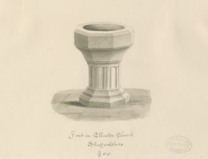 Typsnitt i Ellastone Church: sepiateckning av John Chessell Buckler