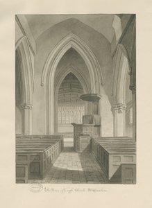 Interiör av Leigh Church: sepiateckning av John Chessell Buckler