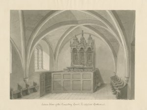 Interiör av Lichfield Cathedral - Consistory Court: sepiateckning av John Chessell Buckler