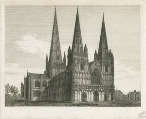 Lichfield Cathedral - West Front: gravyr och [tidigt 1800-tal] (tryck) av John Chessell Buckler