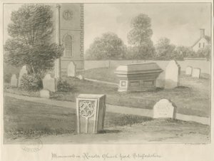 Rocester Church - Monument och kyrkogård: sepiateckning av John Chessell Buckler