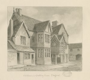 Stafford - Old Houses in Crabbery Lane: sepiateckning, 1841 av John Chessell Buckler