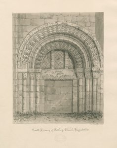 Tutbury Priory Church - South Doorway: sepiatvättteckning, 1812 av John Chessell Buckler