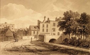 Utsikt över Mill Pond Bridge, Bermondsey av John Chessell Buckler