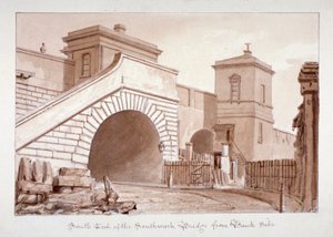バンクサイドからのサザーク橋の南端の眺め、サザーク、ロンドン、1828年スウェーデン語 av John Chessell Buckler