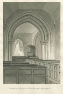 Worcestershire - Droitwich - Dodderhill Church Interiör: sepia ritning av John Chessell Buckler