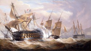 Guillaume Tell förlovas av H.M.S.Penelope och H.M.S Loin of Malta under blockaden, 30 mars 1800 (olja på duk)