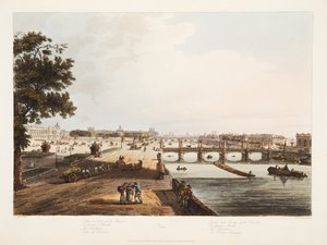 Square och Bridge of the Concorde; Garde Meuble; Thuillerierna; Bromötet, illustration från "Versailles, Paris och Saint Denis", pub. 1806 (akvatint)