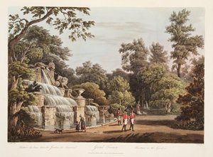 Grand Trianon, fontän i trädgården, illustration från Versailles, Paris och Saint Denis, pub. 1805 (akvatint) av John Claude Nattes