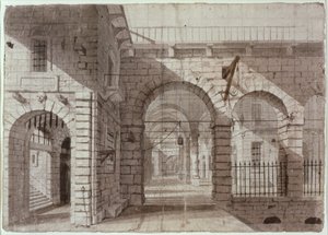 Newgate Prison Courtyard (bläck och tvätt på papper) av John Claude Nattes