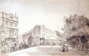 Vy över Fitzroy Square med två figurer som drar en trädgårdsrulle, ca 1808 (bläck och tvätt på papper) av John Claude Nattes