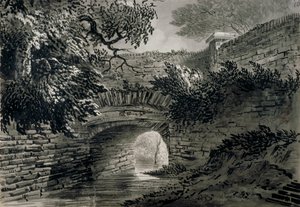 Vy över en del av Serpentines dräneringssystem i Hyde Park, London, c1817 av John Claude Nattes