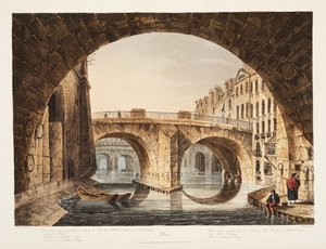 Vy tagen från under den första bågen av bron av Hotel Dieu, Lilla bron, del av Hotel Dieu, illustration från Versailles, Paris och Saint Denis, pub. 1809 (akvatint) av John Claude Nattes