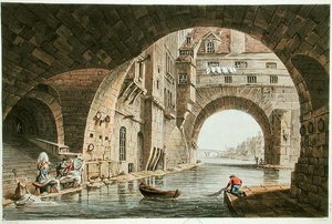 Tvättplatsen för Hotel-Dieu och Pont de la Tournelle, graverad av I. Hill, 1810 (akvatint) av John Claude after Nattes