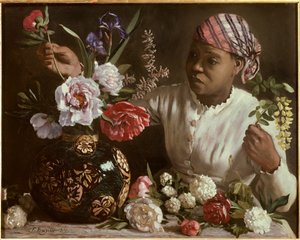 La negresse aux peonines Målning av Frederic Bazille (1841-1870) 1870 Dim. 0,6x0,75 m Montpellier, musee Fabre - Den svarta kvinnan med pioner. Målning av Frederic Bazille (1841-1870)