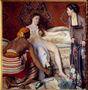 Orientalism: "" Toaletten"" En ung vit kvinna assisterad av sina två jungfrur har sin toalett. Målning av Frederic Bazille (1841-1870) 1869 sön. 1,32x1,27 m Montpellier, Musee Fabre