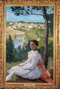 Byutsikt Ung flicka poserar i ett landskap i Provence. Målning av Frederic Bazille (1841-1870) 1868 Sön. 1,3x0,89 m Montpellier, Musee Fabre