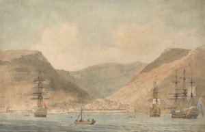 ジェームズタウン、セントヘレナ、船積みのある海からの眺めスウェーデン語 av John Cleveley the Younger