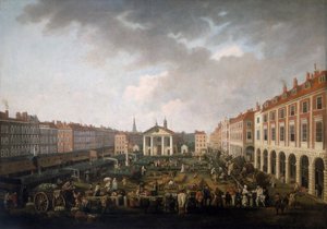 「コベント ガーデン ピアッツァ アンド マーケット」、c1775swedish av John Collet