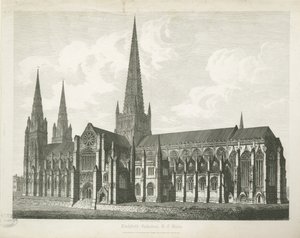 Lichfield Cathedral - South East View: gravyr, nd [c 1823] (tryck) av John Coney