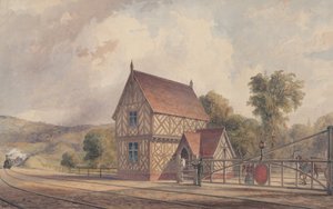Tudor-stil landsbygdens tågstation och järnvägskorsning, 1844-77. av John Connell Ogle