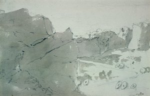 Ett stenbrott för kvarnstenar i Derbyshire, 1801 (blyerts och sepiatvätt på papper) av John Constable