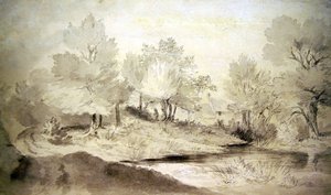 En Suffolk Pond, med stugor i fjärran (penna & tvätt på papper) av John Constable