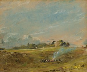 A View of Hampstead Heath, med figurer runt en brasa av John Constable