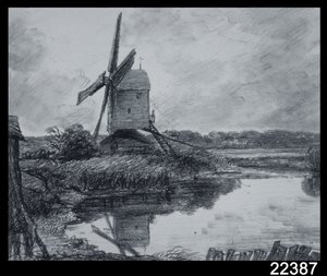 En kvarn vid stranden av floden Stour (träkol på papper) av John Constable