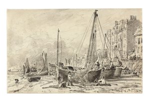 Strandade fiskebåtar med fiskare som lagar nät på stranden i Brighton, med utsikt mot väster, ca 1824-28 av John Constable