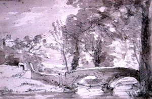 Bro med träd och byggnader, vid Haddon av John Constable