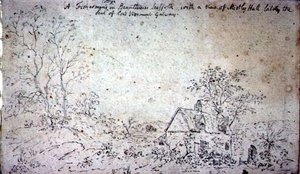 Stuga vid Brantham, med utsikt över Mistley Hall (ritning) av John Constable